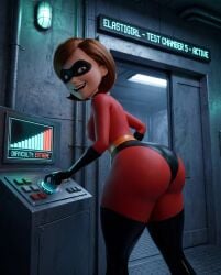 arrogant arrogant_female ass ass_focus big_ass big_ass_(female) big_ass_cheeks bodysuit brown_eyes brown_hair brunette bunker camera challenge challenge_accepted confident console elastigirl eye_contact facility hand_on_hip having_fun helen_parr highheels knob looking_at_viewer looking_back looking_back_at_viewer overconfident posing posing_for_picture posing_for_the_viewer red_clothing reporter round_ass round_butt science science_experiment screen smiling_at_viewer superhero superhero_costume superheroine tight_clothes tight_clothing tight_fit turning_around turning_head underground wide_hips wide_thighs