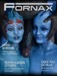 1boy 2girls 3d alien alien_girl asari big_penis bioware blue_body blue_skin cock_on_face currysfm dark-skinned_male dark_skin huge_cock large_penis liara_t'soni looking_at_viewer looking_pleasured mass_effect milf samara veiny_penis