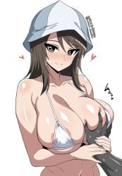 1boy 1girl absurdres areola_slip bikini blush breasts brown_eyes brown_hair closed_mouth collarbone commentary_request girls_und_panzer grabbing_another's_breast groping guided_breast_grab guiding_hand heart highres large_breasts long_hair looking_at_viewer micro_bikini mika_(girls_und_panzer) navel simple_background smile swimsuit tulip_hat unkai_daraku upper_body white_background white_bikini
