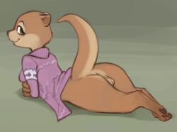 anthro anus bottomless bottomless_anthro bottomless_female butt clothed clothing disney eyelashes female genitals green_eyes lying mammal marsminer mrs._otterton mustelid on_front otter otter_tail pawpads presenting solo tail vulva whiskers zootopia