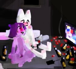 alcohol anthro ashtray beer beverage blush bravo_(bravobunny) bravobunny cigarette detailed_background domestic_cat drugs duo electronics felid feline felis female female_anthro hair inside lagomorph leporid mammal nitrous nitrous_oxide nude purple_hair rabbit smile smoke smoking television