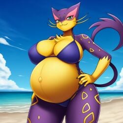 ai_generated anthro anthro_female anthro_only beach beach_background bikini dark_type enjoying_pregnancy lazybonesai leopard leopard_spots liepard looking_at_viewer pokemon pokemon_(species) pokemon_bw pregnant pregnant_anthro pregnant_female purple_fur