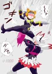ace_ukiyo blush breasts brown_hair bulge_under_clothes claws erection erection_under_clothes erection_under_clothing genderswap groin_attack kamen_rider kamen_rider_geats kamen_rider_geats_(series) kamen_rider_na-go neon_kurama otokam1117 rule_63 skirt tagme thighs tokusatsu