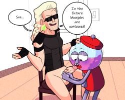 2026 2boys 4_fingers abs abs_visible_through_clothing armor balls benson benson_dunwoody big_penis blonde blonde-haired_male blonde_hair blonde_male blowjob blush bottomless bottomless_male bush bushy_pubes cartoon_network cartoony cel_shading chair detailed_background door earrings facial_hair fair-skinned_male fair_skin fingerless_gloves functionally_nude functionally_nude_male gay gay_sex gumball_machine hand_on_head hand_on_penis hands_on_another's_head holding_penis human inanimate_animate indoor indoors indoors_sex itamigao kneeling licking licking_penis light_switch long-haired_male long_hair looking_at_penis looking_down male/male male_only muscular muscular_male no_pants noise_filter non-human office oral oral_sex pecs penis pubic_hair red_body regular_show saliva saliva_on_penis saliva_on_tongue self_upload shades signature sitting straight_nose talking talking_to_another talking_to_partner text text_bubble time_traveler toony triangle_nose vein veiny veiny_penis white_wall wooden_floor yaoi