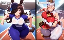 2026 2girls ai_generated big_breasts brown_hair cameltoe child_bearing_hips female female_only gold_ship_(umamusume) grey_hair hat horse_ears horse_girl horse_tail huge_breasts hyper_breasts looking_at_viewer looking_pleasured meme musk musk_clouds pink_eyes rice_shower_(umamusume) running see-through see-through_clothing sweat sweatdrop sweating sweaty text thick_thighs thunder_thighs tight_clothing umamusume umamusume_pretty_derby viralcat