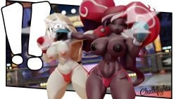 2girls 3d 3d_(artwork) big_breasts blonde_hair boxing boxing_gloves boxing_ring breasts catfight chalkfights charlie_morningstar_(hazbin_hotel) cross_counter dark-skinned_female dark_skin demon_girl female_focus female_only fight fighting fighting_ring hazbin_hotel huge_breasts large_breasts long_hair punch punching punching_face red_hair ryona thick thick_thighs thighs topless topless_boxing topless_female twintails velvette wide_hips