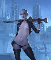 1girls 2d bald blaster choker female female_only gun jacke jacket kaliyo_djannis monkeyfluff nipples open_clothes open_jacket panties rifle small_breasts solo solo_female star_wars star_wars:_the_old_republic thighhigh_boots