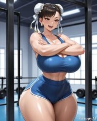 1girl abs ai ai_generated arms_crossed blue_shorts blue_sports_bra brown_eyes brown_hair chun_li confident detailed_eyes detailed_face grippyai gym hair_buns huge_breasts indoors large_ass looking_at_viewer muscular_female shiny_skin short_shorts smile solo standing thick_thighs toned_body weight_room white_ribbons wide_hips