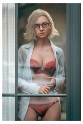 3d 3d_(artwork) 3d_model 3d_render blonde_hair blue_eyes bra cleavage exhibitionism glasses grace_ashcroft grace_ashcroft_(julia_pratt) lingerie lingerie_bra lingerie_panties looking_out_window looking_outside open_shirt panties pretty resident_evil resident_evil_9:_requiem rikopin shirt short_hair underwear window young young_woman younger_female