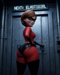 arrogant arrogant_female ass ass_focus big_ass big_ass_(female) big_ass_cheeks bodysuit brown_eyes brown_hair brunette bunker camera challenge challenge_accepted confident elastigirl eye_contact facility hand_on_hip helen_parr highheels looking_at_viewer looking_back looking_back_at_viewer posing posing_for_picture posing_for_the_viewer red_clothing reporter round_ass round_butt science science_experiment superhero superhero_costume superheroine tight_clothes tight_clothing tight_fit turning_around turning_head underground wide_hips wide_thighs
