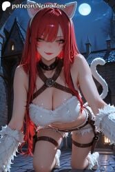 1girl ai_generated all_fours clothed_female green_eyes katarina_(league_of_legends) kitty_cat_katarina league_of_legends long_hair looking_at_viewer neuratone patreon patreon_username red_hair smug solo solo_female