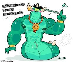 beexsxbbq blushing brawl_stars cyclops double_penis english_dialogue gold_medal male_only muscular_male reptile_humanoid simple_background slit snake_humanoid stu_(brawl_stars) tagme