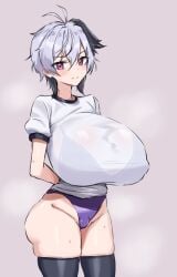 1girls ahoge alternate_breast_size alternate_breast_size_(larger) arms_behind_back ass black_hair black_thighhighs blush cameltoe closed_mouth grey_background gym_clothes huge_breasts looking_at_viewer purple_bra purple_eyes purple_panties see-through see-through_clothing see-through_shirt shirt short_hair short_sleeves simple_background skindentation solo steam streaked_hair thick_thighs thighhighs thighs v_flower vocaloid voldred2525 white_hair white_shirt