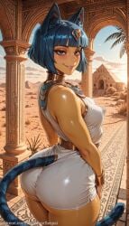 1girl ai_generated animal_crossing animal_ears ankha ankha_(animal_crossing) ass backdoorsenpai bare_shoulders big_ass black_eyes blue_hair blunt_bangs blush bob_cut breasts cat_girl cat_tail covered_nipples curvy egao female_focus horny looking_to_the_side naughty_face naugty_eyes nintendo perky_breasts short_dress short_hair sleeveless_dress small_breasts smile_breasts snake_hair_ornament striped_tail thick_thighs thighs usekh_collar white_dress wide_hips yellow_skin