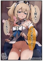 1girl :o anger_vein artist_name bar_censor barbara_(genshin_impact) bare_legs bare_shoulders blonde_hair blue_eyes blurry blurry_background border bow breasts censored clothes_lift colored_speech_bubble commentary_request cross detached_collar detached_sleeves dress dress_bow dress_lift female_pubic_hair fuyudori_yukino genshin_impact hair_between_eyes hat heart highres latin_cross lifting_own_clothes looking_at_viewer mini_hat no_panties off-shoulder_dress off_shoulder pubic_hair raised_eyebrows solo sound_effects speech_bubble spoken_anger_vein spoken_heart sweatdrop talking translation_request twintails white_dress