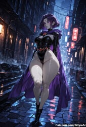 1girl ai_assisted ai_generated black_footwear black_hair black_leotard boots breasts building cape city coat curvaceous curvy curvy_female curvy_figure female full_body groin highleg impossible_clothes impossible_leotard jewelry large_breasts leotard lips looking_at_viewer miyuai night night_sky outdoors purple_hair raven_(dc) shiny shiny_skin short_hair skin_tight sky solo standing superhero teen_titans thick thick_ass thick_butt thick_hips thick_legs thick_thighs thighs voluptuous voluptuous_female wide_hips wide_thighs