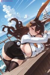 1girl ai_generated animal_ears atago_(azur_lane) bangs black_hair black_legwear blue_sky blush breasts brown_eyes brown_hair closed_mouth cloud day extra_ears hair_ornament hair_ribbon hi_res high_quality high_resolution huge_breasts kiraamane large_breasts long_hair looking_at_viewer lying military military_uniform mole mole_under_eye ocean outdoors patreon ribbon seductive sexy skindentation skirt sky smile solo thighhighs uncensored uniform watermark