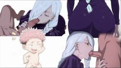 age_difference animated ass big_ass blowjob braided_hair clothed clothed_female clothed_female_nude_male dark-skinned_male dick earrings itadori_yuuji jujutsu_kaisen lipstick mei_mei_(jujutsu_kaisen) milf nude_male nude_male_clothed_female on_knees oral painted_nails penis pink_hair preview_(preview0) tagme twitching twitching_penis video white_hair