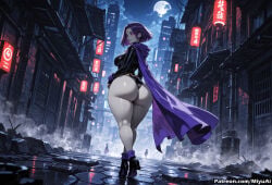 1girl ai_assisted ai_generated ass black_hair boots breasts building city coat curvaceous curvy curvy_female curvy_figure cyberpunk female from_behind full_moon high_heels looking_at_viewer looking_back miyuai moon night night_sky purple_eyes raven_(dc) shiny short_hair sky skyscraper solo standing teen_titans thick thick_ass thick_butt thick_hips thick_legs thick_thighs thighs voluptuous voluptuous_female wide_hips wide_thighs