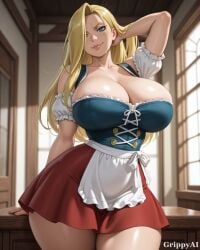 1girl 2d ai_generated anime_style blonde_hair blue_corset blue_eyes cleavage corset_lacing curvy detailed_eyes detailed_face frills grippyai hand_behind_head high_quality huge_breasts indoors lace long_hair looking_at_viewer red_skirt seductive_smile shiny_skin smile solo standing thick_thighs white_apron white_blouse wide_hips window wooden_room