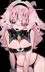 1girl absurdres artist_name bare_shoulders between_breasts bikini black_background black_bikini black_bow black_bowtie black_collar black_eyes black_hair black_headdress black_horns black_mouth black_saliva blush bow bowtie breasts cleavage collar commentary cup demon_girl drink earclip femme_soule highres horns idamaria large_breasts long_hair maid maid_headdress multicolored_hair navel open_mouth pink_eyes pink_hair pukey_goddess_shot_trick simple_background smile solo stomach streaked_hair swimsuit thighs twitter_username two-tone_hair