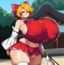 2d 2d_(artwork) 2d_artwork ai ai-created ai_art ai_assisted ai_generated alternate_breast_size alternate_breast_size_(larger) blonde blonde-haired_female blonde_female blonde_hair blonde_hair_female cosplay dmgsubstrata hakurei_reimu_(cosplay) huge_breasts hyper_breasts large_breasts light-skinned_female light_skin limbus_company looking_at_viewer massive_breasts red_eyes red_eyes_female request requested sancho_(limbus_company) touhou