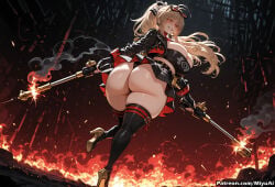 1girl ai_assisted ai_generated amagi_yukiko ass bangs black_legwear blonde_hair boots breasts curvaceous curvy curvy_female curvy_figure embers explosion eyewear_on_head female fingerless_gloves fire firing gloves gun high_heels holding jacket long_hair looking_at_viewer miyuai mole sento_isuzu smile solo thick thick_ass thick_butt thick_hips thick_legs thick_thighs thigh_boots thighhighs thighs thong twintails voluptuous voluptuous_female weapon wide_hips wide_thighs