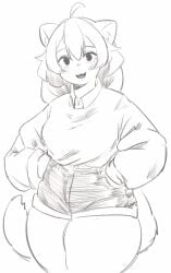 b45ui baggy_shirt big_ass big_breasts blushing_at_viewer cat_ears cat_tail catgirl jean_shorts long_sleeves looking_at_viewer nimo nimo22 thick_thighs