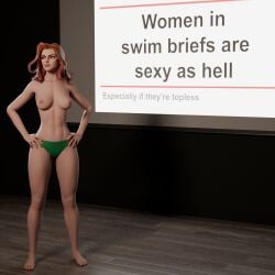 1girls 3d alternate_version_available barefoot bikini_bottom bikini_bottom_only briefs briefs_only confident female female_only green_eyes green_swimsuit hands_on_hips hands_on_own_hips jean_grey light-skinned_female marvel marvel_rivals meme phoenix_(marvel_rivals) phoenix_(x-men) powerpoint presentation projector projector_screen red_hair red_hair_female solo_female speedo_only swim_briefs topless topless_female x-men you_guys_are_just_cowards_(meme)