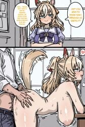ai_generated animal_ears blonde_hair blue_eyes completely_nude crossed_arms durandal_(umamusume) ear_covers english_text grabbing_another's_ass hanging_breasts horse_ears horse_girl huge_breasts inverted_nipples long_hair multicolored_hair ponytail puffy_short_sleeves purple_bowtie sex_from_behind speech_bubble tracen_school_uniform umamusume umamusume_pretty_derby vaginal white_hair