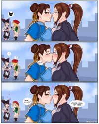 background_characters blush breast_squish cammy_white chun-li closeted embarrassed_expression embarrassed_female fatal_fury juri_han king_of_fighters kiss kissing lesbian lesbian_couple lesbian_focus lesbian_kiss mai_shiranui seifortt snk street_fighter yuri