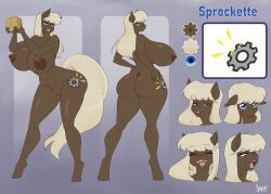 absurd_res anthro areola bedroom_eyes big_breasts big_butt blonde_eyebrows blonde_hair blue_eyes box breasts brown_body butt chango-tan container cutie_mark earth_pony equid equine eyebrows fan_character female genitals hair hasbro hi_res holding_object horse mammal model_sheet my_little_pony narrowed_eyes nipples nude pleading_eyes pony seductive solo sprockette_(johnnynumber5) tail vulva yellow_tail