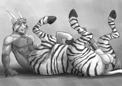 2022 absurd_res ailurid animal_genitalia animal_penis anus athletic athletic_male athletic_taur balls big_fangs chest_tuft dated equid equine equine_anus equine_genitalia equine_penis eyewear eyewear_on_head fangs genitals goggles goggles_on_head hair hi_res hooves horn hufnaar hybrid looking_at_viewer lying male male_taur mammal medial_ring monochrome on_back open_mouth pecs penis presenting presenting_anus presenting_balls presenting_penis puffy_anus quadruped red_panda short_hair side_view simple_background solo striped_back striped_legs tail taur teeth tuft zebra