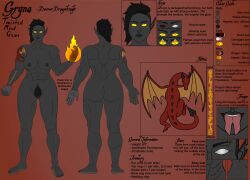 2026 absurd_res arm_tattoo armor black_hair boots bottomwear bracelet breasts butt clothed clothing digital_media_(artwork) dragon_tattoo dunmer ear_piercing elemental_manipulation english_text eye_patch eyebrow_piercing eyewear facial_piercing feet female fire fire_manipulation footwear forked_tongue glowing glowing_eyes grey_body gryna_(twistedmindgame) hair hi_res humanoid jewelry magic magic_spell microsoft model_sheet muscular muscular_female muscular_humanoid nipple_piercing nipples nude piercing pubes red_eyes shoes signature skimpy skirt solo spell standing tattoo text the_elder_scrolls tongue twistedmindgame yellow_eyes