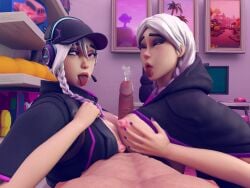 1boy 2girls ahegao bounty_hunter_torin_(fortnite) eyes_half_open fortnite open_mouth tc_astatine titjob torin_(fortnite)