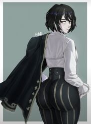 1girl artist_request ass_focus big_ass black_hair bob_cut business_woman businesswear clothed coat coat_on_shoulders color colored curvy curvy_female digital_media_(artwork) distortion_detective female_focus female_only fully_clothed gray_eyes hands_on_hips juicy_lips leggings limbus_company long_sleeves looking_at_viewer looking_back looking_back_at_viewer mature_female mature_woman moses_(distortion_detective) no_visible_genitalia older_female pale-skinned_female pale_skin pants pantylines project_moon salt_and_pepper_hair short_hair solo solo_female solo_focus thick_ass thick_thighs white_shirt wide_hips