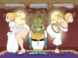 ahoge baggy_pants bent_over biting_lip bizzare blonde_hair blue_eyes bubble_butt chain choker chrono_trigger detonassion dress dress_lift ear_piercing earrings embarrassed evening_gloves fart fart_cloud farting frilled_panties frog_(chrono_trigger) gloves hair_bun high_heels long_legs looking_back marle nervous nervous_smile no_bra pale_skin panties pants pierced_ears ponytail princess queen queen_leene royalty sandals smile smug smug_grin tall_female taller_female tied_hair upskirt