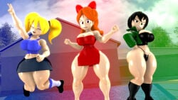 3d belly_button big_ass big_breasts black_hair blossom_(powerpuff_girls) blossom_(powerpuff_girls)_(cosplay) bubbles_(powerpuff_girls) bubbles_(powerpuff_girls)_(cosplay) buttercup_(powerpuff_girls) buttercup_(powerpuff_girls)_(cosplay) cosplay hooligan_sisters kabalmystic_(style) mighty_switch_force orange_hair powerpuff_girls shiningboyz3d thick_thighs yellow_hair