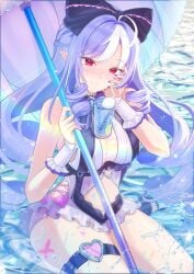 1girls breasts cameltoe drill_hair exposed_breasts feet female female_only hoyoverse long_hair mihoyo official_alternate_costume purple_hair red_eyes swimsuit thick_thighs vivian_banshee vivian_banshee_(iris_of_the_shore) white_swimsuit zenless_zone_zero