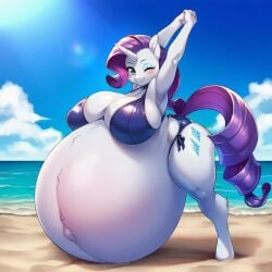 ai_generated anthro anthro_female beach beach_background bikini blush blushing_at_viewer furry hasbro hyper_pregnancy lazybonesai looking_at_viewer my_little_pony pregnant pregnant_anthro pregnant_belly pregnant_female purple_hair purple_hair_female rarity_(mlp) solo solo_female solo_focus stretching white_fur winking winking_at_viewer