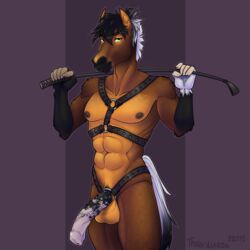 1:1 abs anthro balls black_hair bondage equid equine erection green_eyes hair harness hi_res horse looking_at_viewer male mammal nipples penis simple_background solo summer thalislixeon whip