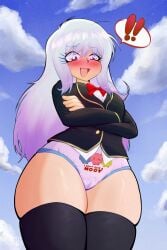 !! 1girls 2026 blush borrowed_character cameltoe crossed_arms embarrassed english_text from_below gradient_hair long_hair looking_down no_pants open_mouth original outdoors panties pink_panties print_panties purple_eyes rnp school_uniform standing surprised tagme text thick_thighs thighhighs thighs wide_hips