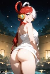 1girl ai_generated ass back bamboo bangs bare_tree bathing breasts bucket bush fence from_behind lantern long_hair looking_at_viewer looking_back multicolored_hair naked_towel one_eye_closed one_piece onsen outdoors partially_submerged plant purple_eyes red_hair ripples rock smile soaking_feet solo steam sunori thighs towel towel_on_head tree uta_(one_piece) wading water white_hair wooden_fence