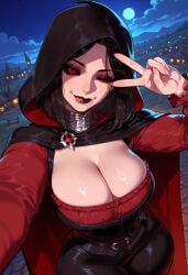 1girl 1girls ai_generated balecxi belt black_cape black_hair black_lips black_pants black_sclera bodice breasts cape cleavage cloak clothing cloud colored_sclera corset curvaceous curvaceous_female curvaceous_figure curvy curvy_figure eyeshadow female female_focus fingernails frills full_moon goth_fashion hood hood_up hooded_cape hooded_cloak inviting inviting_to_sex large_breasts lips lipstick long_fingernails long_sleeves looking_at_viewer makeup mascara moon night night_sky one_eye_closed outdoors pants piercing presenting_breasts presenting_self purple_lips red_cape red_eyes red_lips red_shirt runny_makeup seductive seductive_look seductive_smile serana shiny_skin shirt short_hair sky skyrim smile solo star_(sky) starry_sky the_elder_scrolls tight_pants tongue tongue_out tongue_piercing v v_over_eye vampire voluptuous voluptuous_female wide_hips