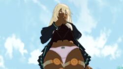 1girls 3d blonde_hair dark-skinned_female dark_skin female guilty_gear guilty_gear_xrd highres lifted_by_self looking_at_viewer panties pink_panties ramlethal_valentine showing_panties skirt skirt_lift solo thick_thighs