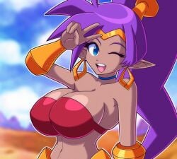 1girls big_breasts blue_eyes breasts busty cleavage dark-skinned_female dark_skin female female_only highres large_breasts long_hair looking_at_viewer midriff navel one_eye_closed open_mouth pants pointy_ears ponytail pose posing purple_hair rockmangrave shantae shantae_(character) smile strapless teeth tongue tube_top v very_long_hair winking
