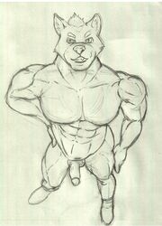 abs absurd_res boots canid canine canis clothing crazy_company footwear hi_res humanoid_penis male male_only mammal muscular nude penis pose simple_background sketch smile solo wolf