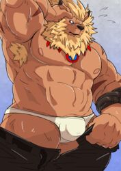 2019 anthro araiguma_11 armpit_hair bara blue_eyes blush bottomwear bulge clothing digimon digimon_(species) felid humanoid_hands leomon male male_only male_solo mammal nipples pants pecs penis simple_background solo underwear