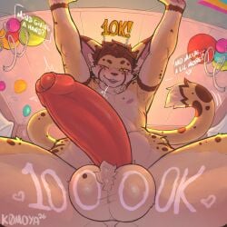 1:1 2026 anthro balloon balls big_balls big_penis biped body_writing brown_hair brown_markings brown_nose celebration chest_tuft circle_eyebrows dated detailed_background dialogue digital_media_(artwork) ear_piercing ear_tuft english_text eyebrows felid feline foreskin fur gauged_ear genitals glans hair heart_symbol hi_res humanoid_genitalia humanoid_penis inflatable k0moya looking_at_viewer low-angle_view male male_anthro mammal markings milestone_celebration multicolored_body narrowed_eyes nipples nude nude_anthro nude_male one_eye_closed open_mouth penis piercing ring_piercing serval signature slim smile solo tail tail_tuft tan_body tan_fur text tongue tuft two_tone_body will_(k0moya) yellow_body yellow_eyes yellow_fur