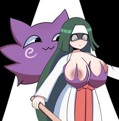 1girls 3_fingers :3 ambiguous_gender areolae big_eyes black_border black_eyes blush breasts breasts_out channeler_(pokemon) clothed disembodied_hands female feral floating ghost green_hair groping hakama haunter headband holding huge_breasts human kimono larger_female long_hair looking_down nintendo nipples pokemon pokemon_lgpe pokemon_rgby pokephilia rixetog size_difference smile solo_focus standing stick surprised very_long_hair white_background yellow_eyes